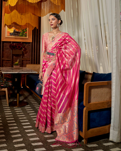 Magenta Two Tone Meenakari Handloom Weaving Organza Saree