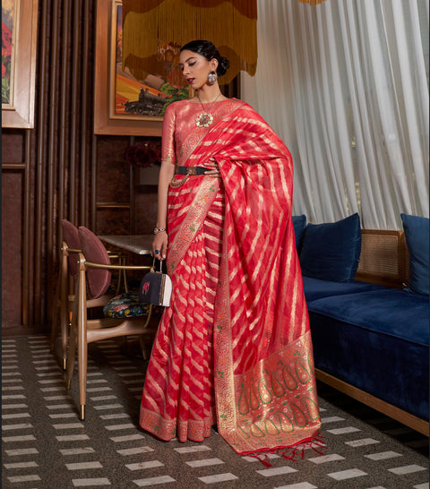 Red Two Tone Meenakari Handloom Weaving Organza Saree
