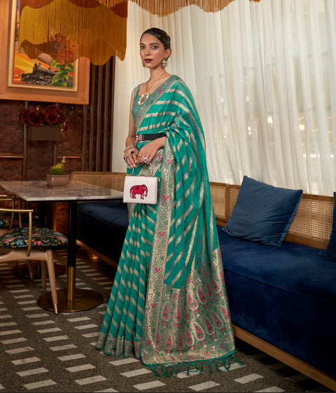 Peacock Green Tone Meenakari Handloom Weaving Organza Saree