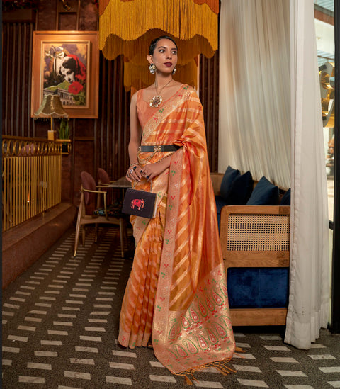 Orange Two Tone Meenakari Handloom Weaving Organza Saree