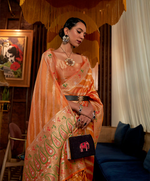 Orange Two Tone Meenakari Handloom Weaving Organza Saree