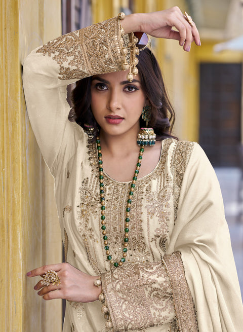 Cream Hand Work Embroidered Chinon Pakistani Style Suit