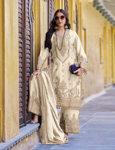 Cream Hand Work Embroidered Chinon Pakistani Style Suit