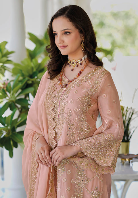 Peach Sequins Embroidered Organza Pakistani Suit