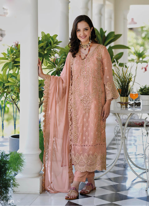 Peach Sequins Embroidered Organza Pakistani Suit