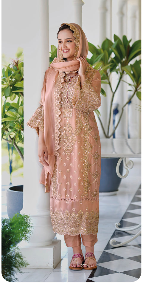 Peach Sequins Embroidered Organza Pakistani Suit