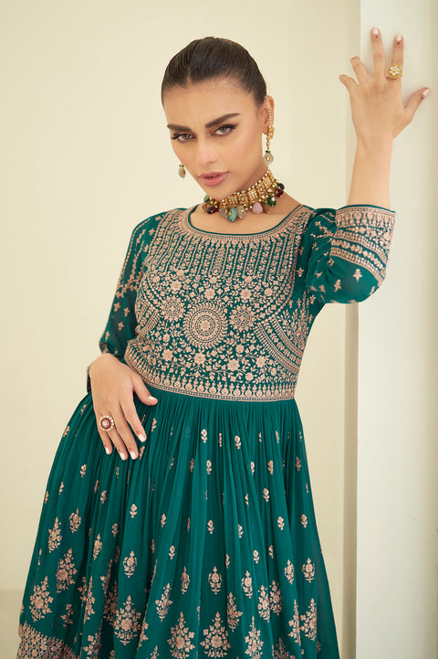 Peacock Blue Partywear Embroidered Georgette Palazzo Suit