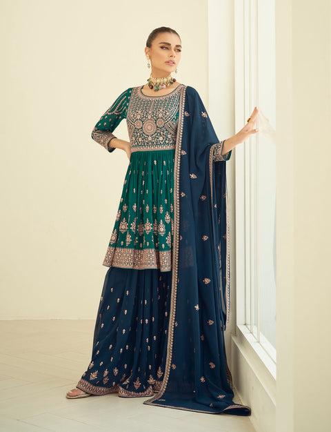 Peacock Blue Partywear Embroidered Georgette Palazzo Suit