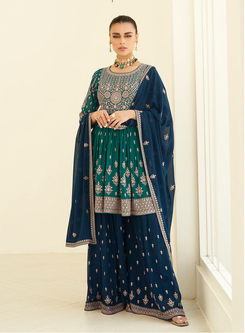 Peacock Blue Partywear Embroidered Georgette Palazzo Suit