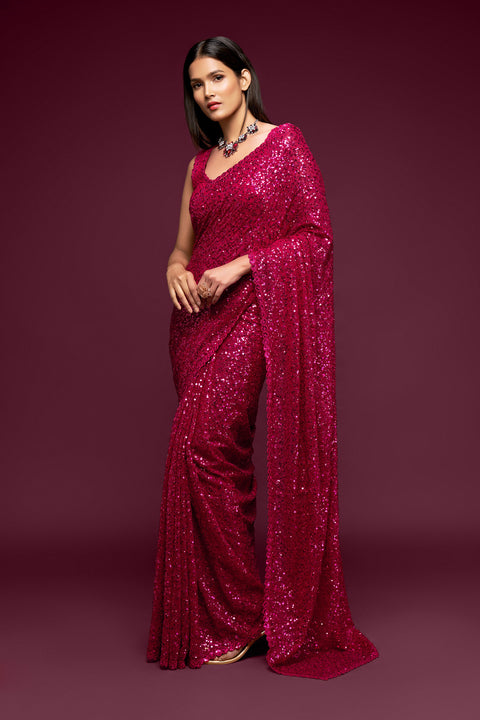 Magenta Sequins Embroidered Georgette Saree