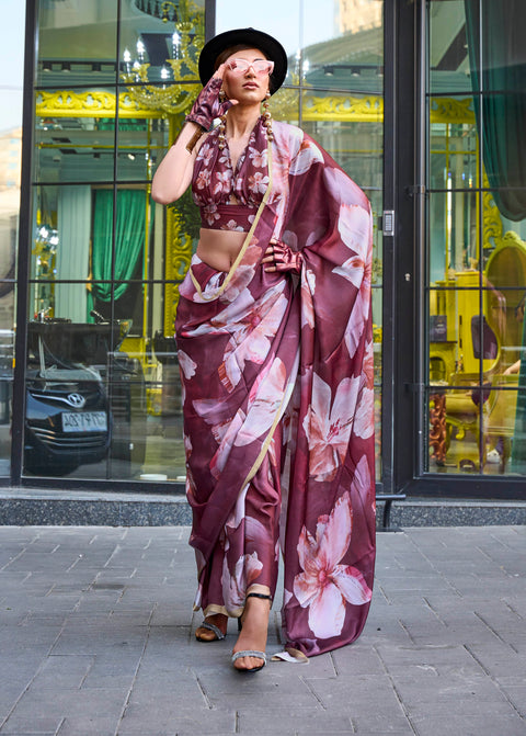 Wine Satin Georgette Printed Silk Saree