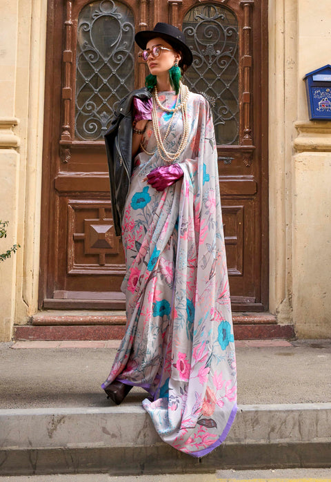 White Satin Georgette Printed Silk Saree