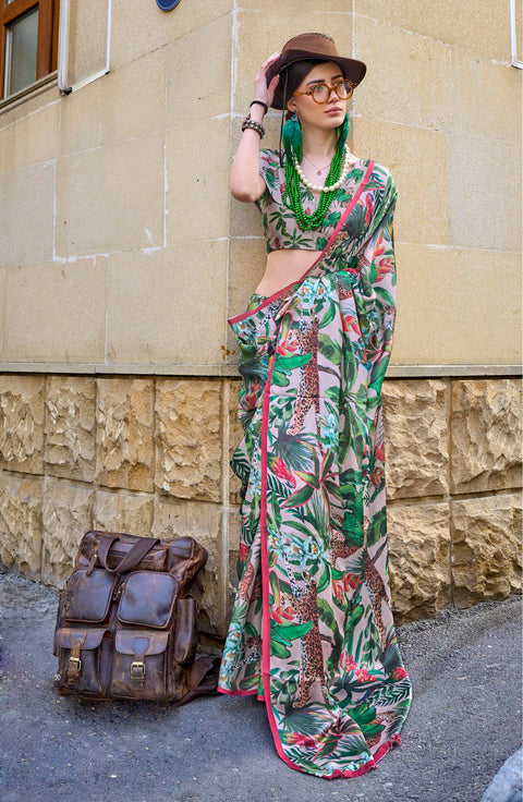 Green Satin Georgette Printed Silk Saree