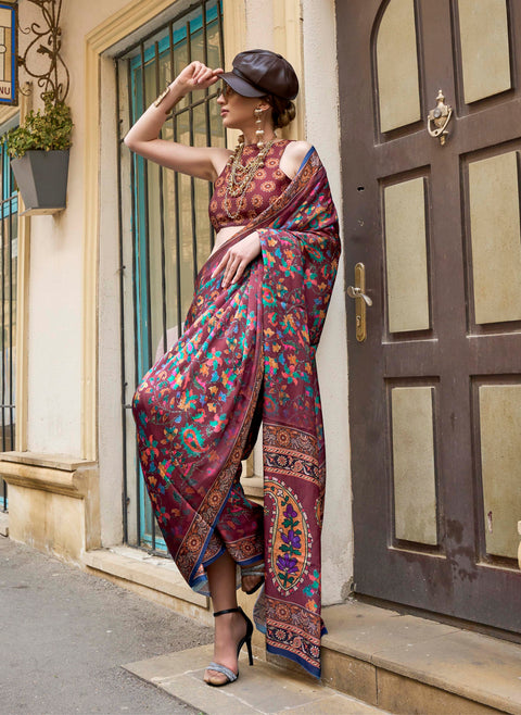 Maroon Satin Georgette Printed Silk Saree