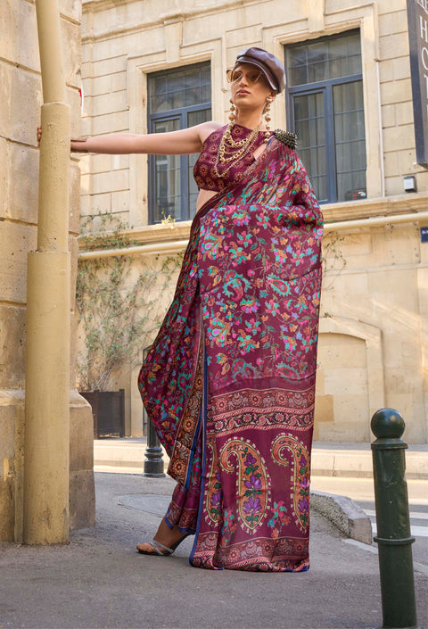 Maroon Satin Georgette Printed Silk Saree