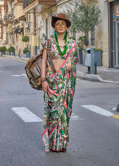 Green Satin Georgette Printed Silk Saree