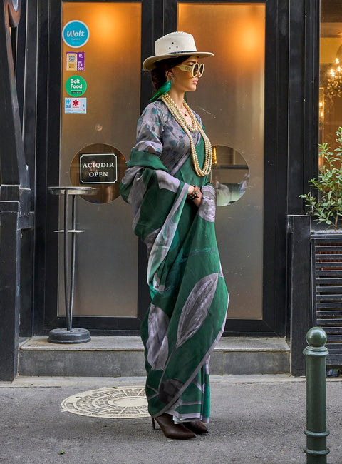 Green Satin Georgette Printed Silk Saree