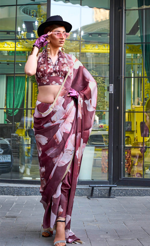 Wine Satin Georgette Printed Silk Saree