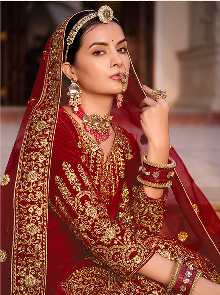 Maroon Partywear Embroidered Velvet Anarkali Suit