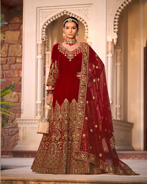 Maroon Partywear Embroidered Velvet Anarkali Suit