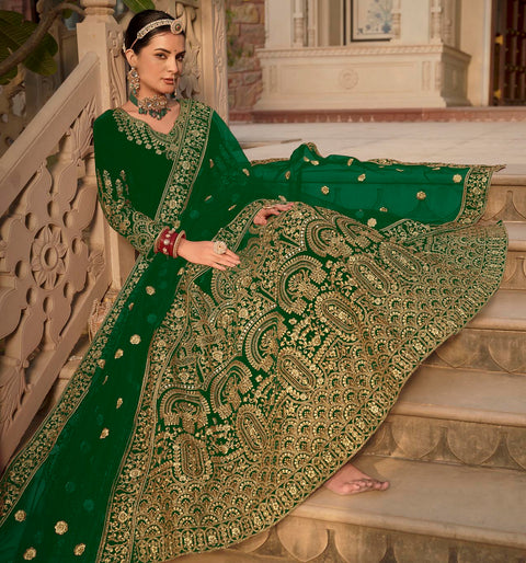 Green  Partywear Embroidered Velvet Anarkali Suit