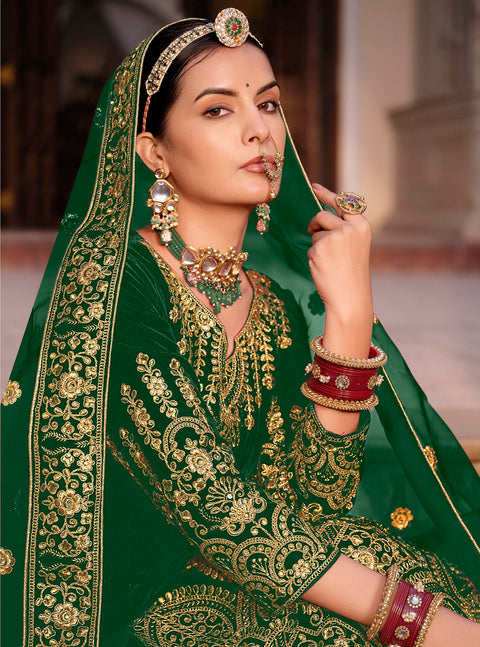 Green  Partywear Embroidered Velvet Anarkali Suit