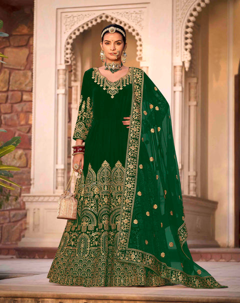 Green  Partywear Embroidered Velvet Anarkali Suit