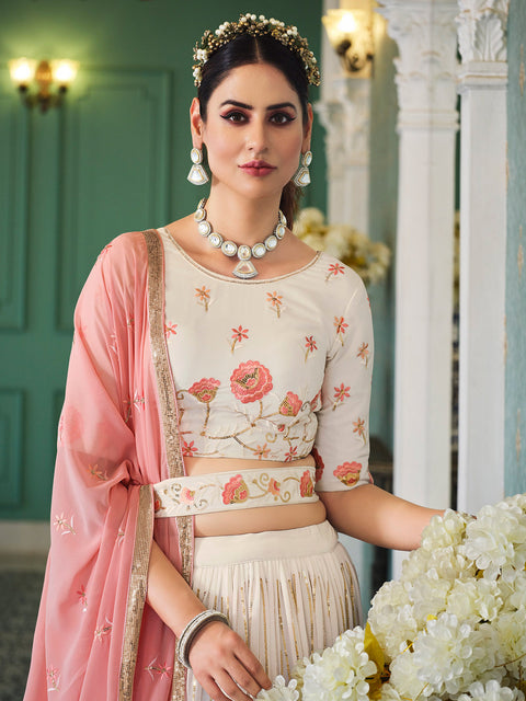 Off White Sequence Embroidery Lehenga Choli