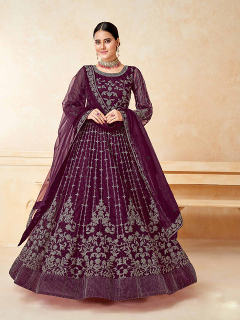Wine Designer Partywear Embroidered Heavy Net Anarakali Suit