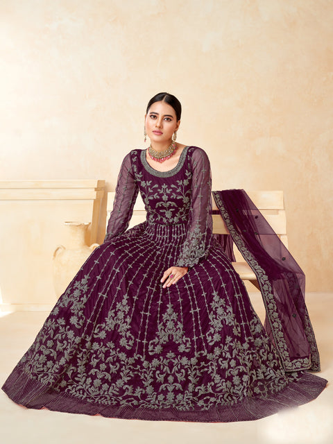 Wine Designer Partywear Embroidered Heavy Net Anarakali Suit