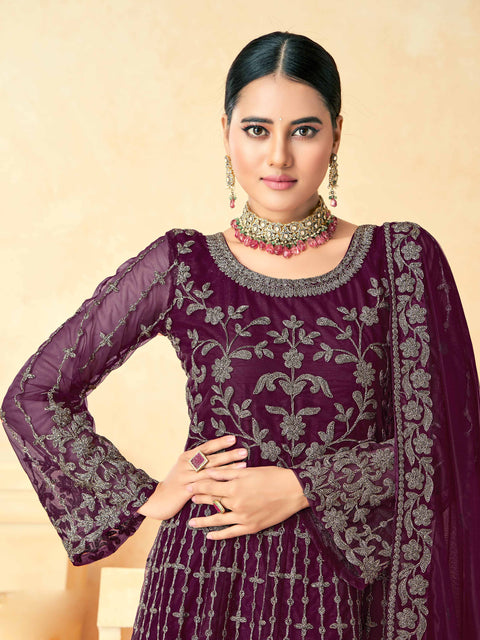 Wine Designer Partywear Embroidered Heavy Net Anarakali Suit