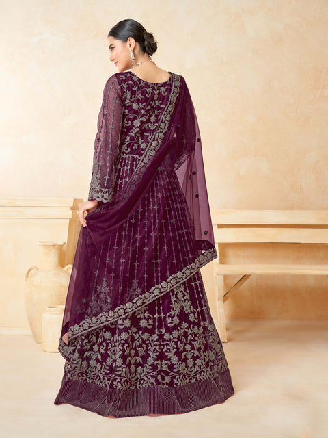 Wine Designer Partywear Embroidered Heavy Net Anarakali Suit