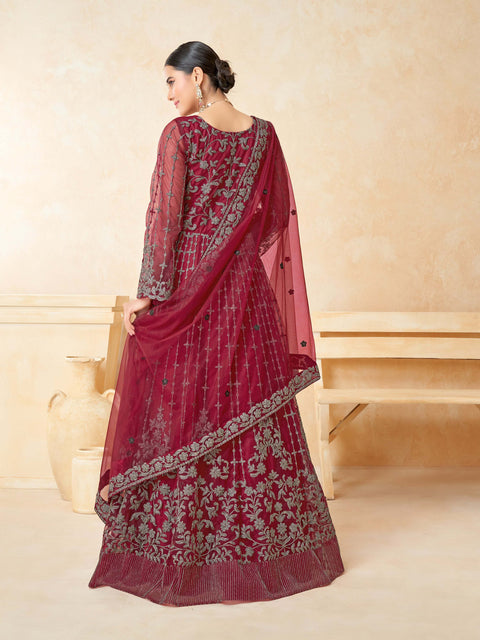 Maroon Embellished With Embroidered Net Anarkali Suit