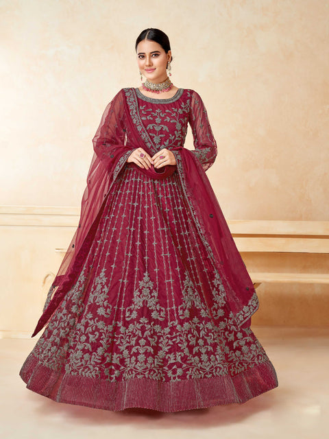 Maroon Embellished With Embroidered Net Anarkali Suit