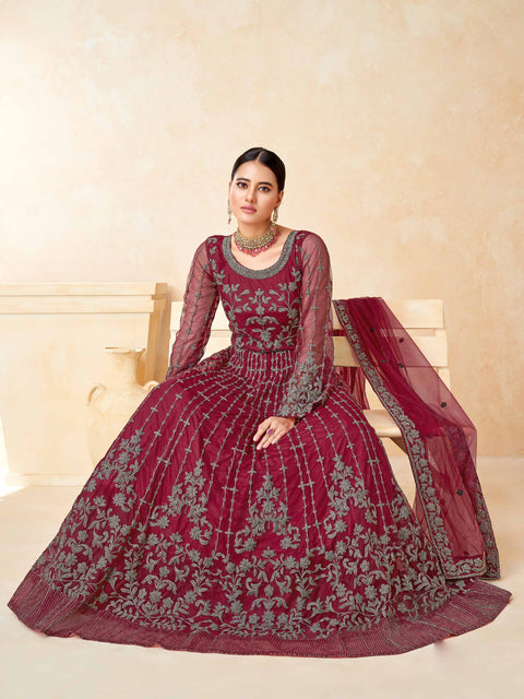 Maroon Embellished With Embroidered Net Anarkali Suit