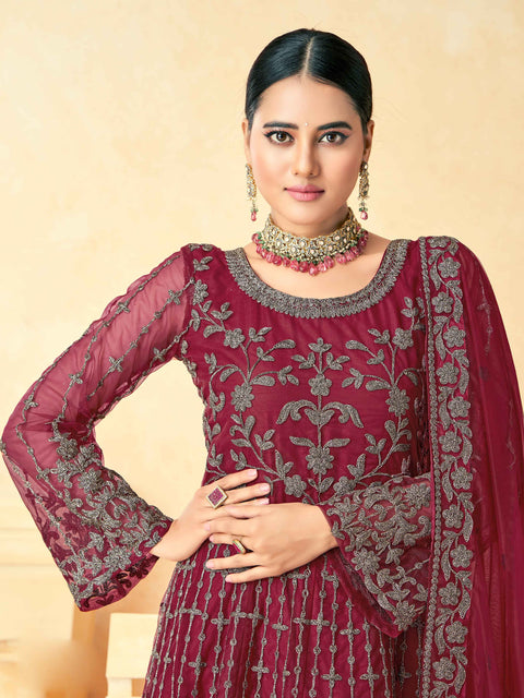 Maroon Embellished With Embroidered Net Anarkali Suit