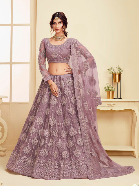 Violet Heavy Embroidered Net Bridal Lehenga Choli
