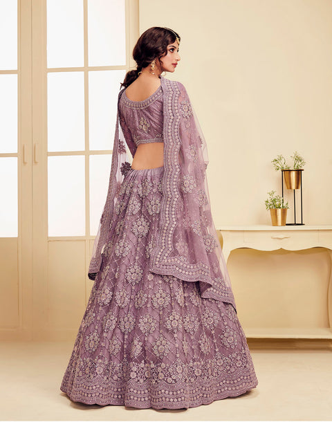 Violet Heavy Embroidered Net Bridal Lehenga Choli