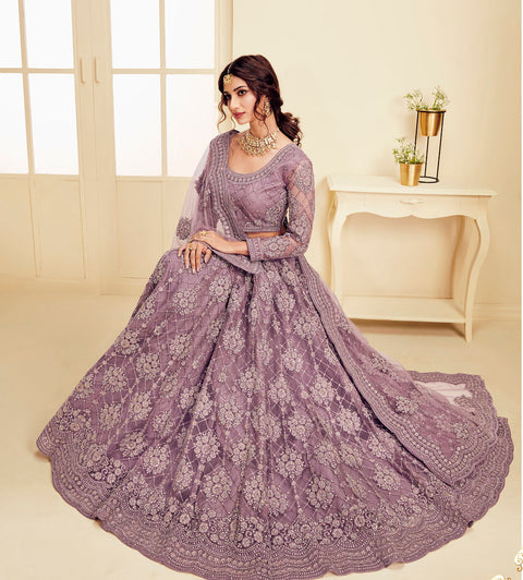 Violet Heavy Embroidered Net Bridal Lehenga Choli