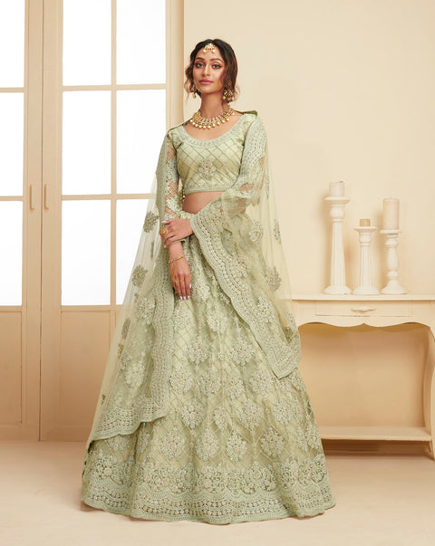 Light Green Designer Heavy Embroidered Net Lehenga Choli