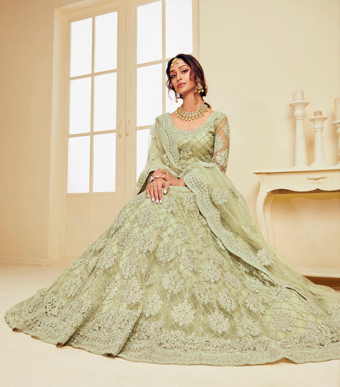 Light Green Designer Heavy Embroidered Net Lehenga Choli