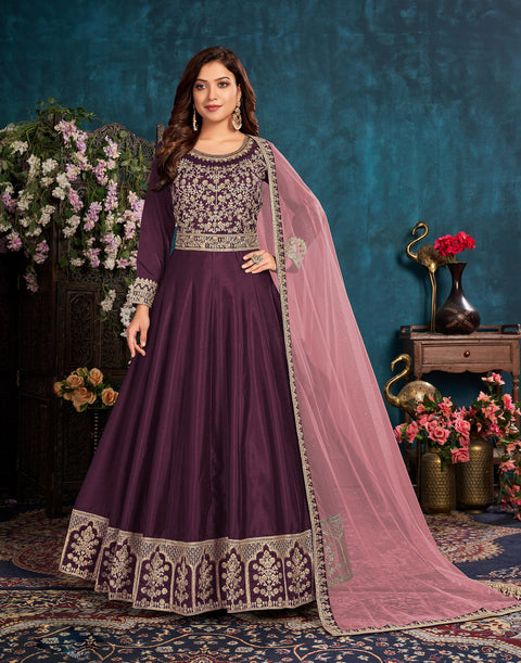 Delightful Dark Purple Party Wear Anarkali Style Suit