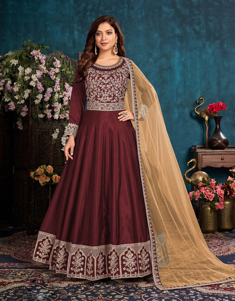 Magnificent Maroon Party Wear Embroidered Anarkali Suit