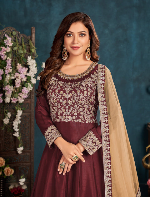 Magnificent Maroon Party Wear Embroidered Anarkali Suit