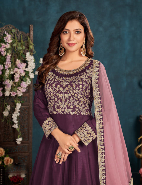 Delightful Dark Purple Party Wear Anarkali Style Suit