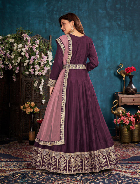 Delightful Dark Purple Party Wear Anarkali Style Suit