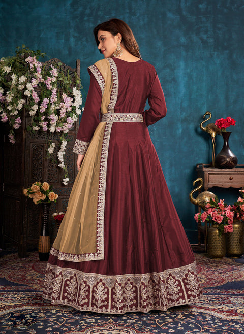 Magnificent Maroon Party Wear Embroidered Anarkali Suit