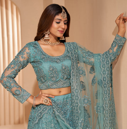 Turquoise Heavy Embroidered Net Stone Work Lehenga Choli