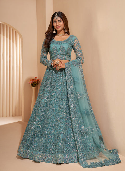 Turquoise Heavy Embroidered Net Stone Work Lehenga Choli