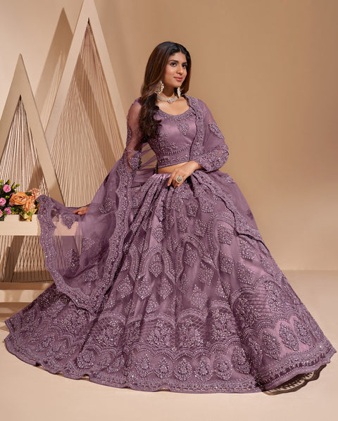 Violet Heavy Embroidered Net Stone Work Lehenga Choli